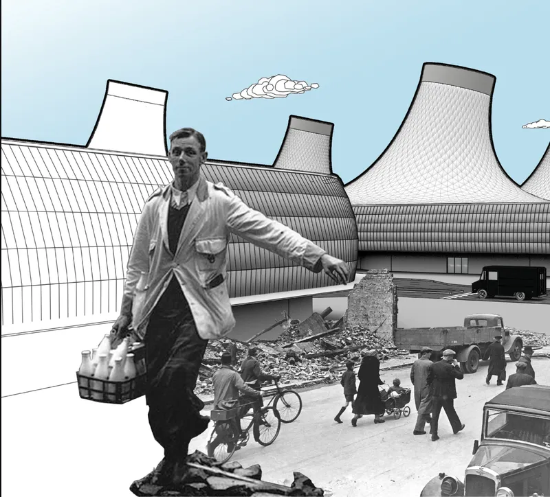 Photomontage showing a man carrying groceries past cone-shaped roofs and pedestrians on a street
