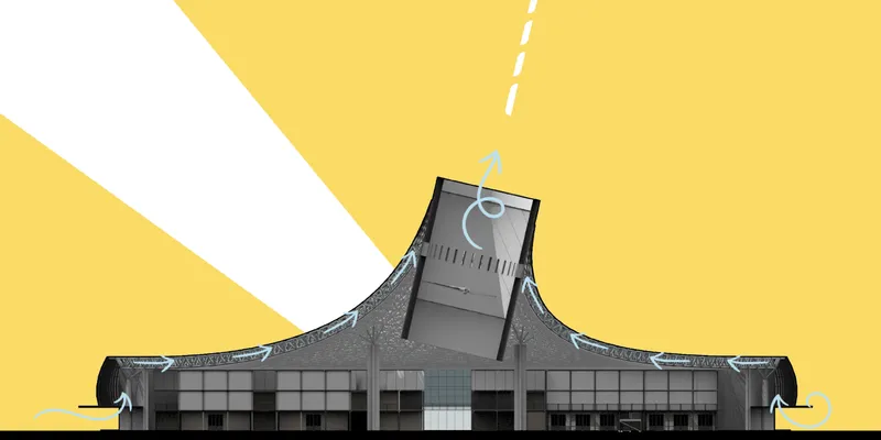 Section drawing of the peaked roof structure rising above a glazed ground floor facade