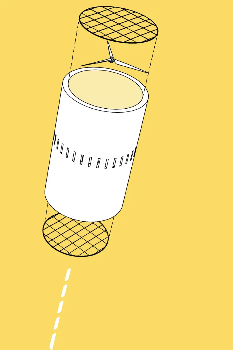 Axonometric drawing of a cylindrical volume with hatched disc elements at top and bottom