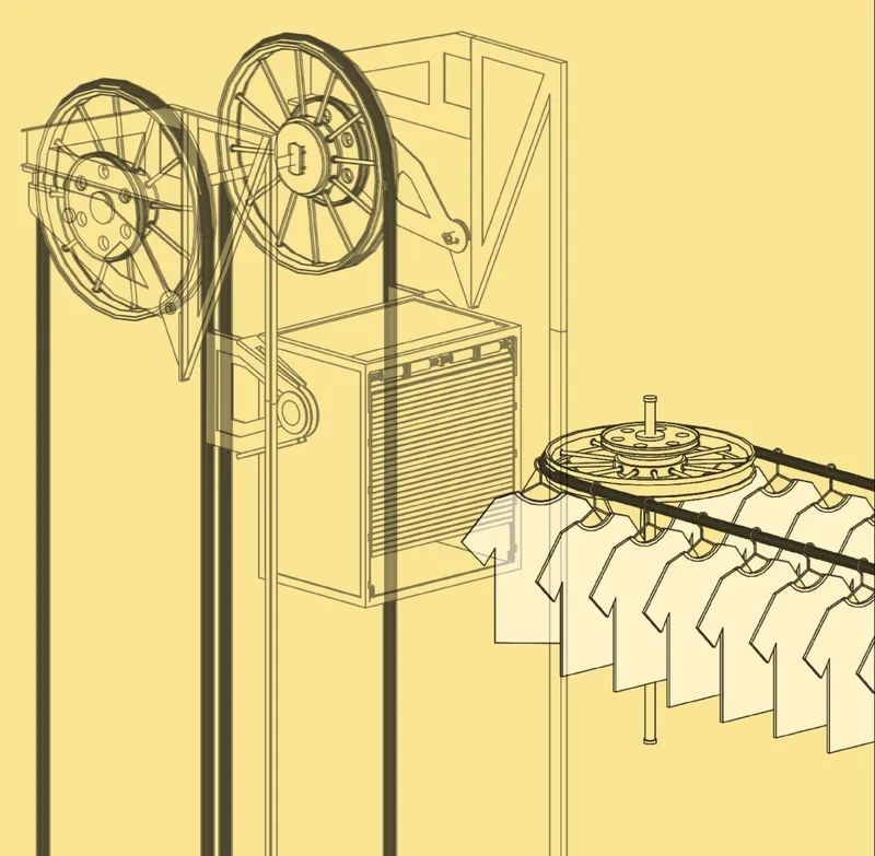 Axonometric line drawing showing mechanical reels, housing, and a turbine wheel assembly