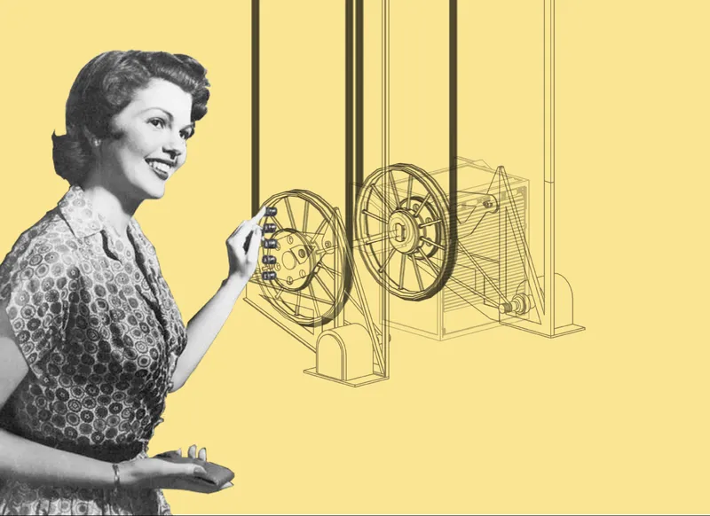 Line drawing of mechanical pulley wheels and gears suspended on cables against a yellow background