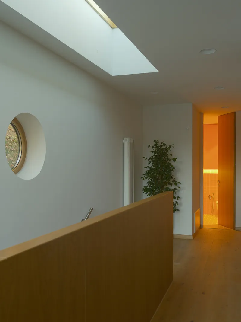 Upper corridor with skylight, circular window, and potted plant beside timber balustrade