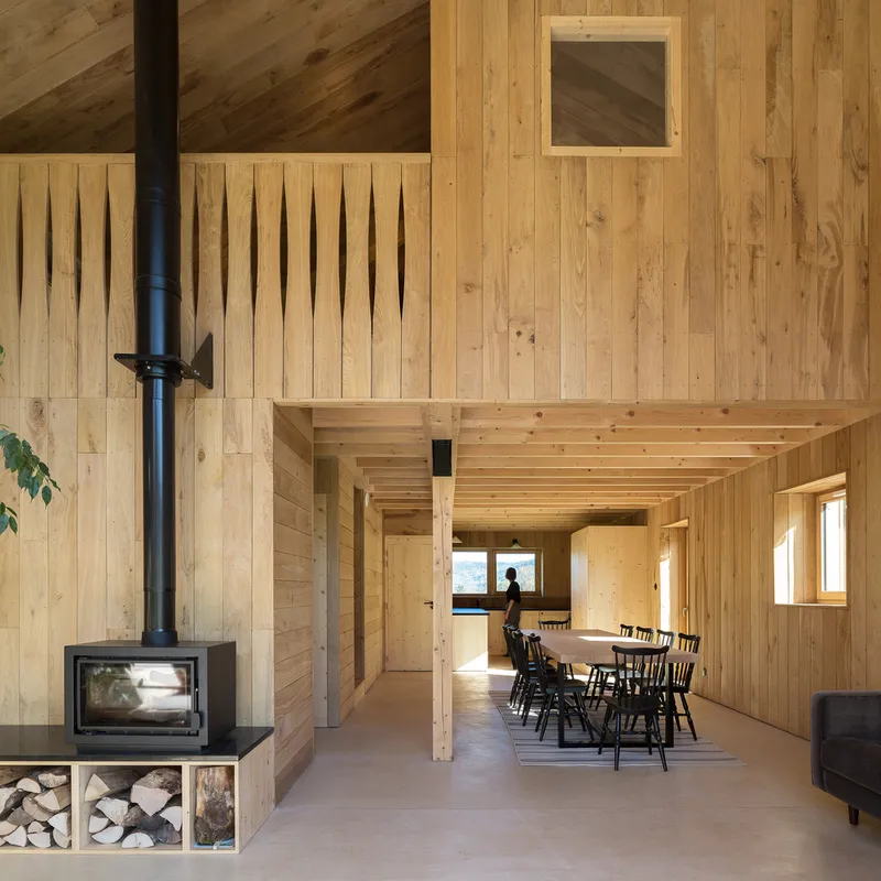 Double-height interior with wood-burning stove, timber paneling and exposed beams, person visible in dining area