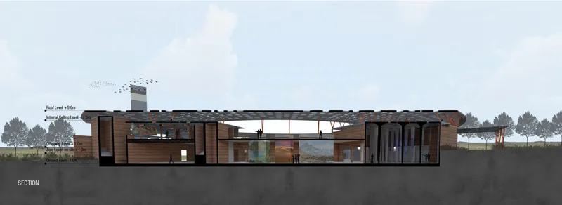 Section drawing revealing the layered interior spaces beneath the horizontal roof with timber cladding and skylights