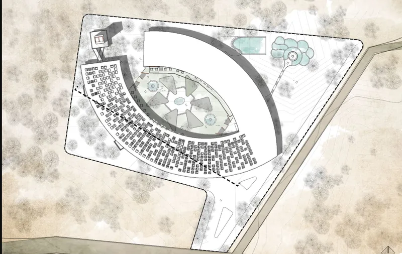 Site plan drawing showing the ring-shaped building with a central courtyard and surrounding grid of parking spaces