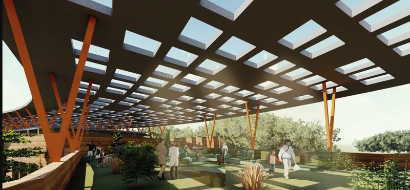 Rendering of the covered plaza with angled orange columns supporting a latticed roof canopy with visitors strolling beneath