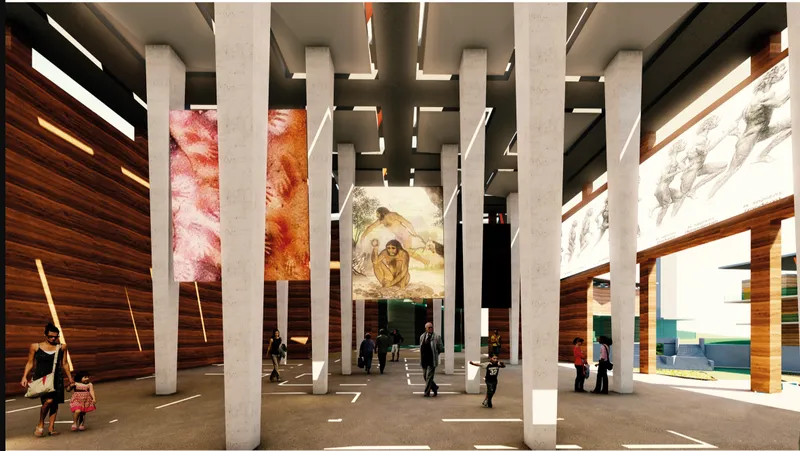 Interior lobby with white cylindrical columns and backlit translucent panels displaying large abstract artworks on timber walls