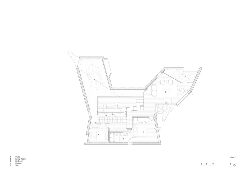 Upper level floor plan drawing depicting split-level arrangement with bedrooms and living areas