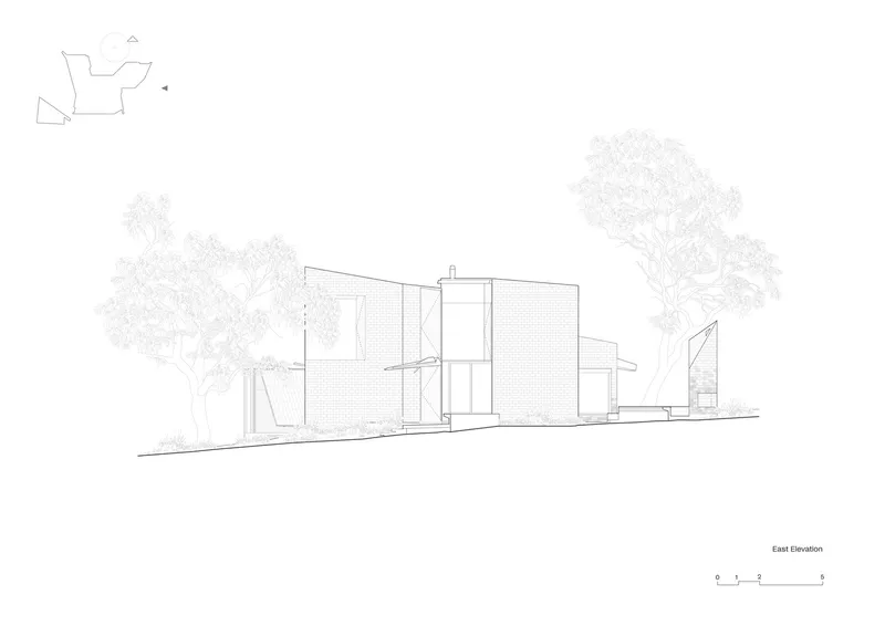East elevation drawing showing brick and glazed volumes with trees in the landscape context