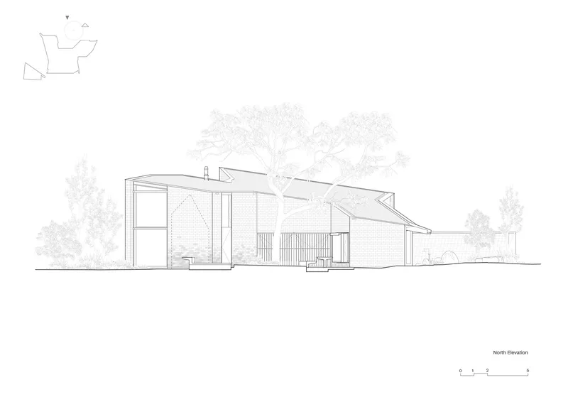 North elevation drawing showing a split-level residence with angled rooflines amid sketched trees