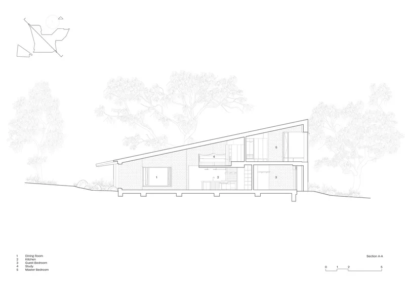 Section drawing revealing interior spaces beneath a sloping roofline with numbered rooms and trees