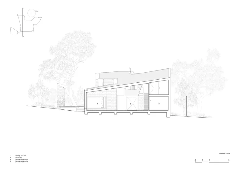 Section drawing depicting the stepped interior volumes with flat and angled roof elements