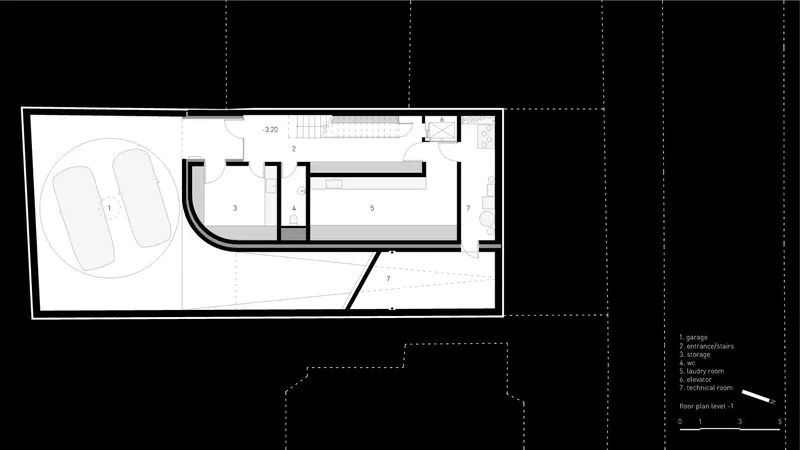 Floor plan drawing of the first level with garage, storage, and living spaces