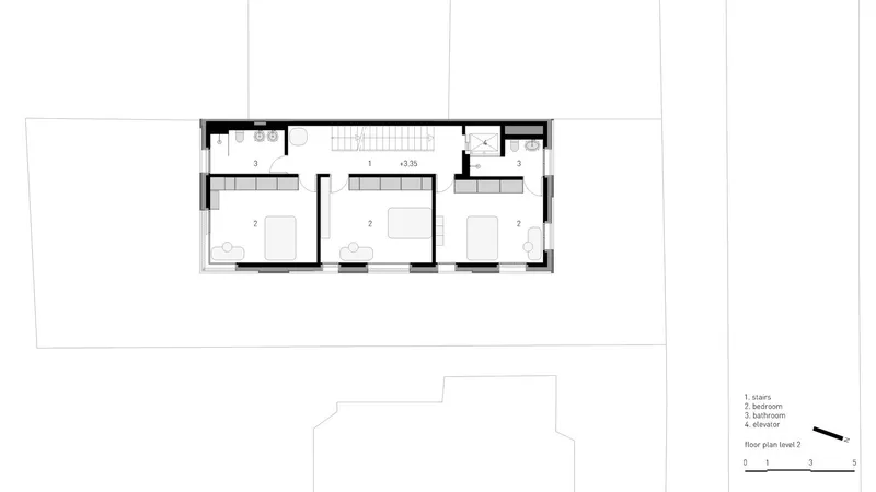 Second floor plan drawing showing three bedrooms and staircase with bathroom