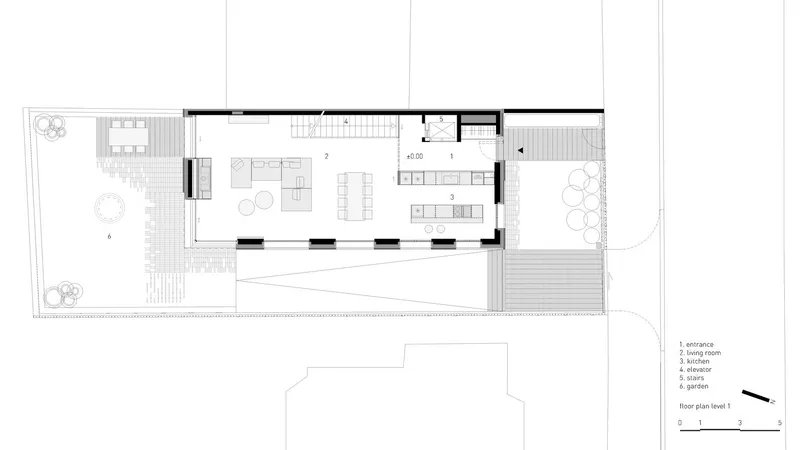 Ground floor plan drawing showing open living room, kitchen, and terrace areas with garden