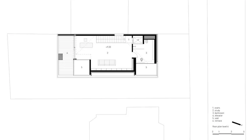 Fourth floor plan drawing showing study, bathroom, and terrace with outdoor access