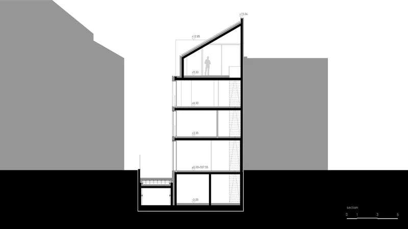 Section drawing showing a narrow four-storey structure with angled roof wedged between adjacent buildings