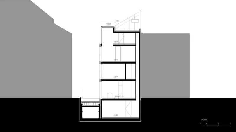 Section drawing showing the vertical circulation and floor plates of a slender multi-storey building