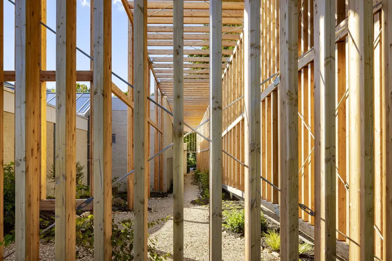 Timber pergola structure enclosing a gravel courtyard with planted beds and light filtering through