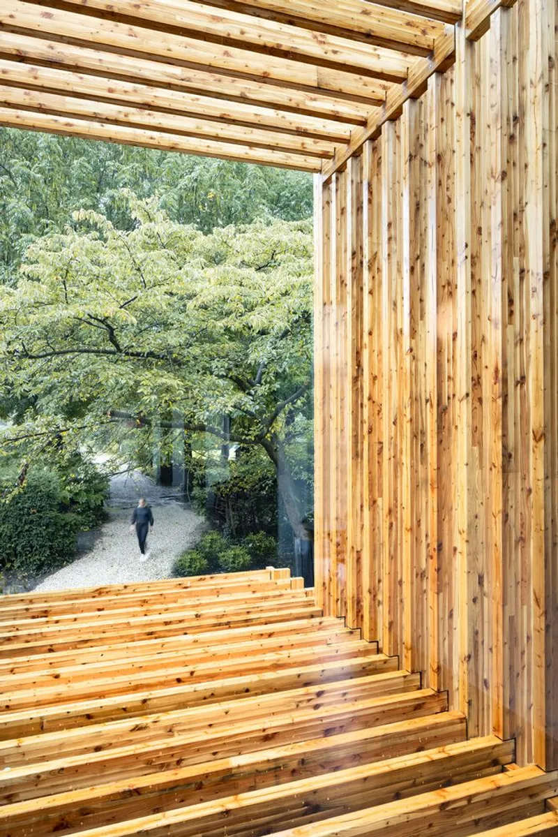 Timber bench seating under an exposed rafter pergola overlooking a garden path and trees