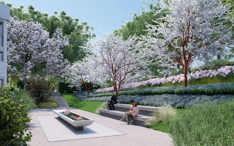 Rendered courtyard view with stepped seating, flowering cherry trees and people gathering in spring