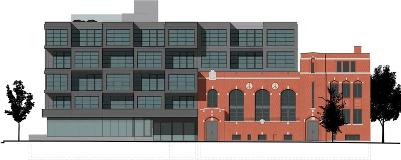 Elevation drawing depicting the glass residential tower alongside the existing brick warehouse with flanking trees