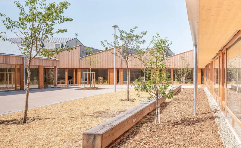Courtyard with gravel planting beds, young trees, and timber bench beneath a pale sky