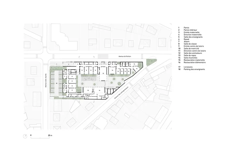 Floor plan drawing showing classroom wings arranged around planted courtyards with labeled program spaces