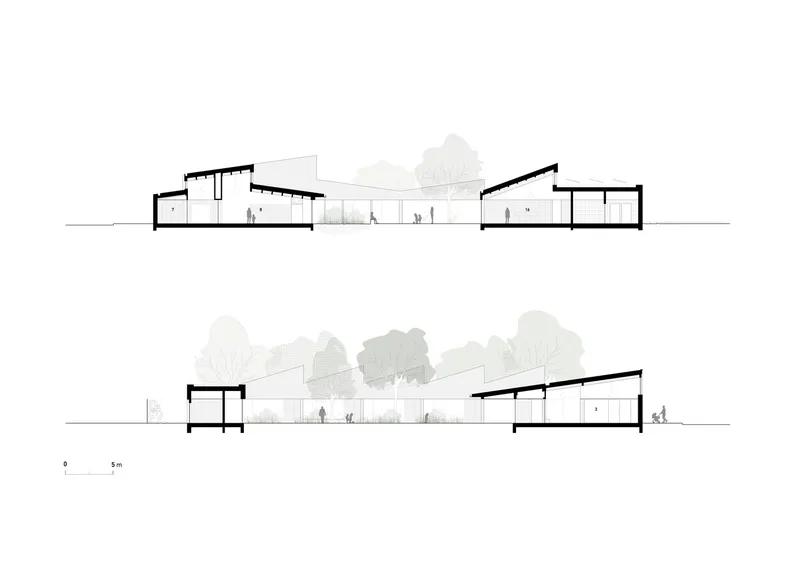 Section drawings showing the sloped roof profiles with figures and trees in the landscape