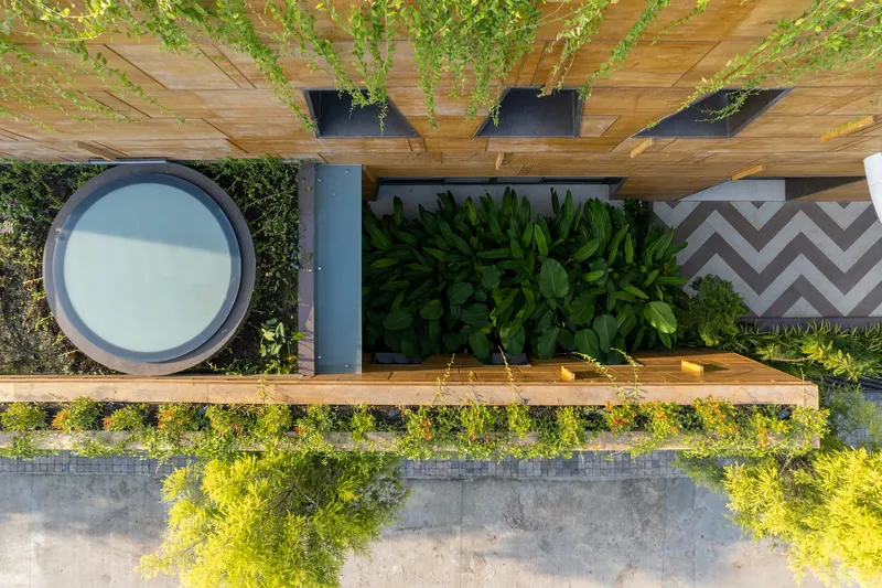 Overhead view of timber pergola with planted openings, circular skylight, and chevron tile detail below