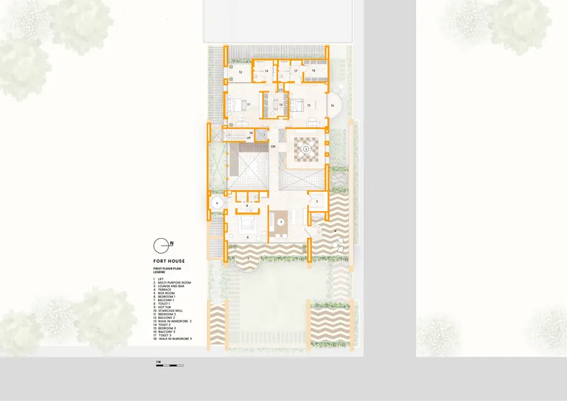First floor plan showing bedrooms and living spaces with adjacent terrace and pool below