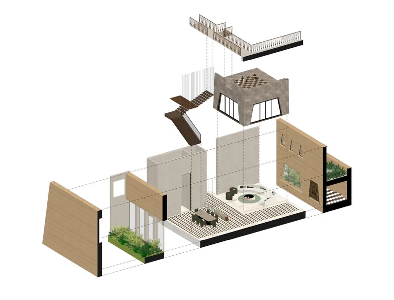 Exploded axonometric drawing showing layered volumes with timber walls, concrete roofs, and planted courtyards
