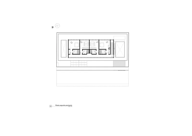Upper floor plan drawing showing three bedroom suites arranged in a row with central circulation