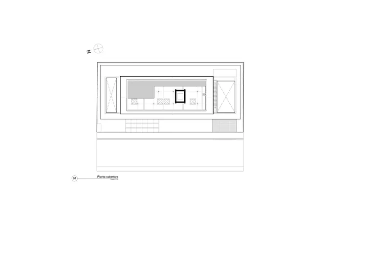 Roof plan drawing showing timber decking flanked by planted areas on either side