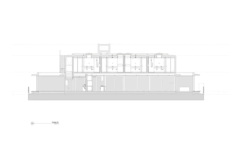 Section drawing showing two-story structure with clerestory and stepped interior volumes