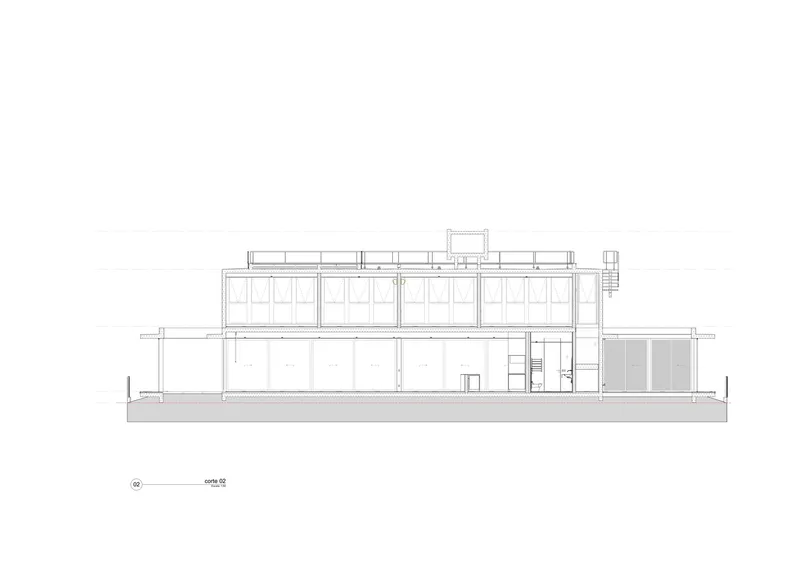 Elevation drawing showing a two-story structure with clerestory windows and an exterior stair