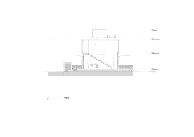 Section drawing revealing a diagonal staircase connecting ground level to an upper volume