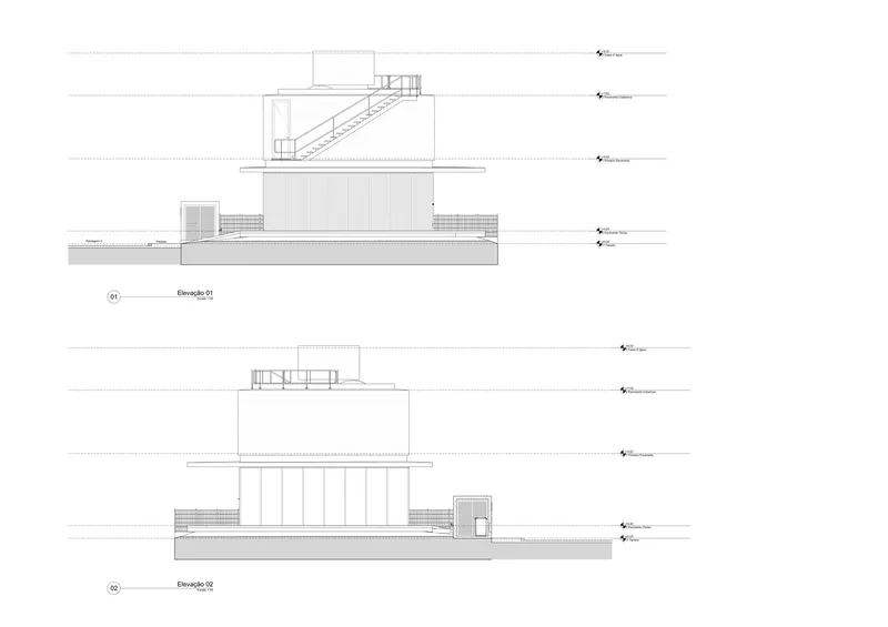 Two elevation drawings showing opposing facades with a central staircase and vertical fenestration