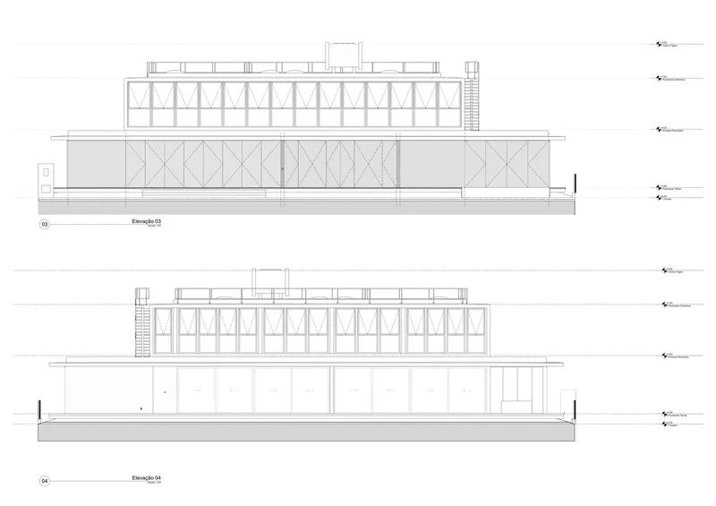 Two elevation drawings displaying rhythmic diagonal bracing patterns across the facade panels