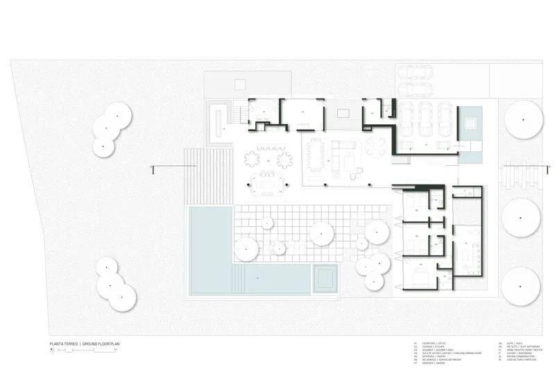 Ground floor plan drawing indicating interior rooms, pool terrace, and surrounding landscape elements