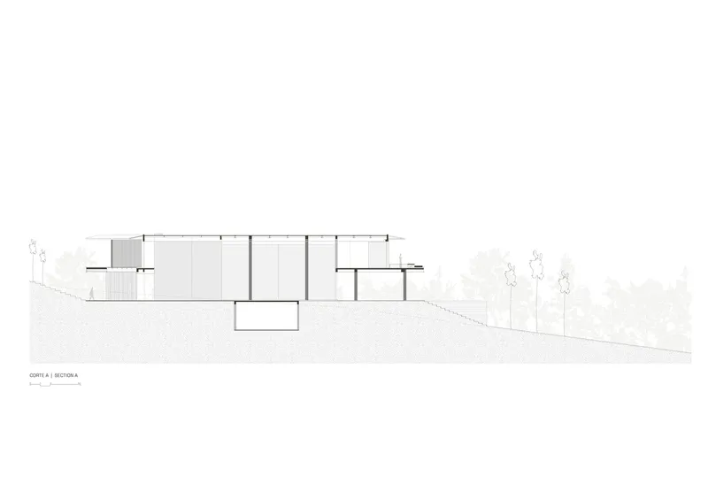 Section drawing showing a two-level residence stepping down a sloped site with trees