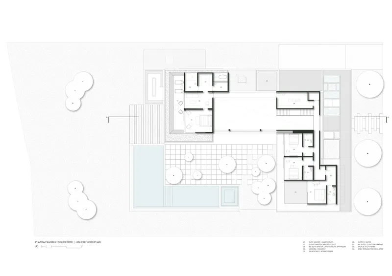 Upper floor plan drawing depicting additional bedroom suites and rooftop terrace above pool area