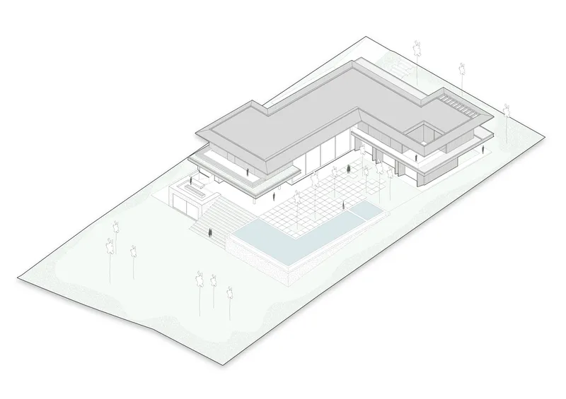 Axonometric drawing illustrating the massing with flat roofs and central courtyard with pool