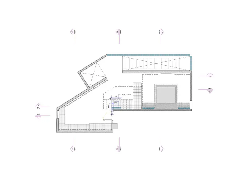 Section drawing showing the staircase connecting two levels within an angled volume