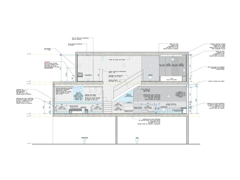 Section drawing with annotations showing the multi-level interior spaces and stair placement