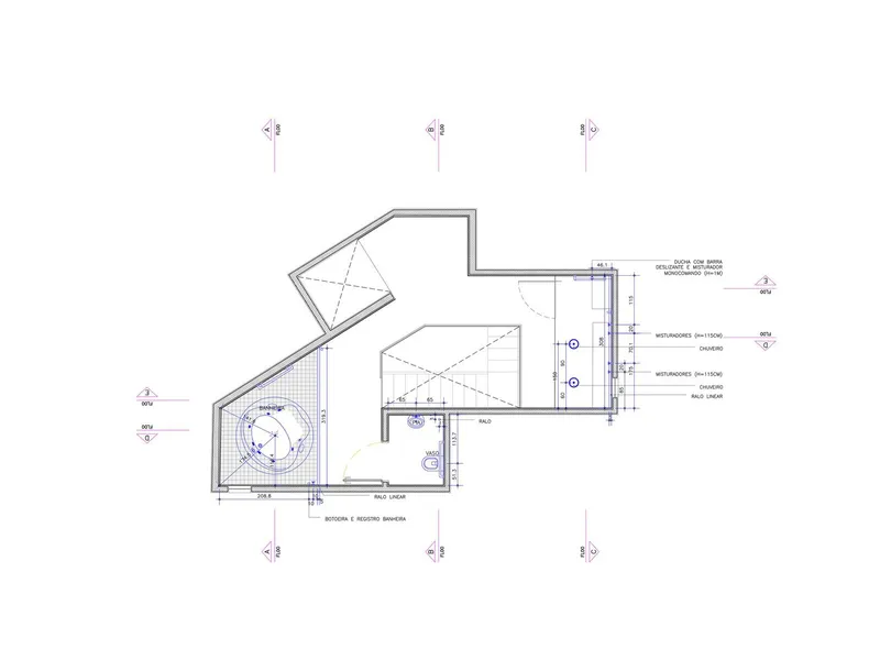 Floor plan drawing showing an angled layout with a circular stair and adjacent bathroom