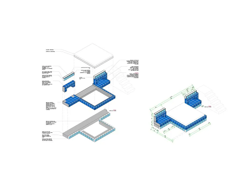Axonometric drawing illustrating the assembly of blue tiled walls and floor slabs