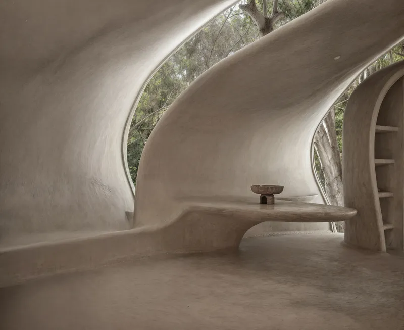 Curved integrated bench with flowing plaster surfaces under soft diffused daylight from forest beyond