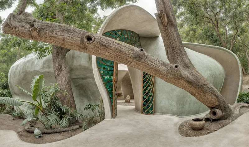 Entry courtyard with curved plaster shell volumes framed by large fallen tree trunks and planted beds
