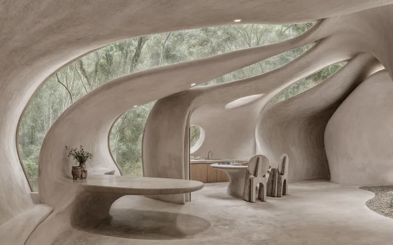 Interior space with continuous ribbed ceiling and organic table surrounded by views of surrounding forest